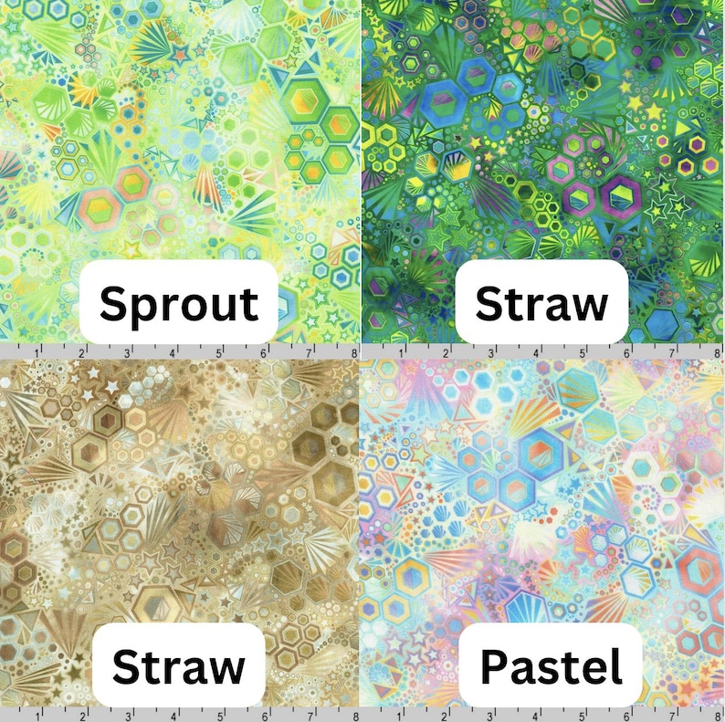 May include: Four fabric swatches with different patterns and colors. The swatches are labeled "Sprout", "Straw", "Straw", and "Pastel".