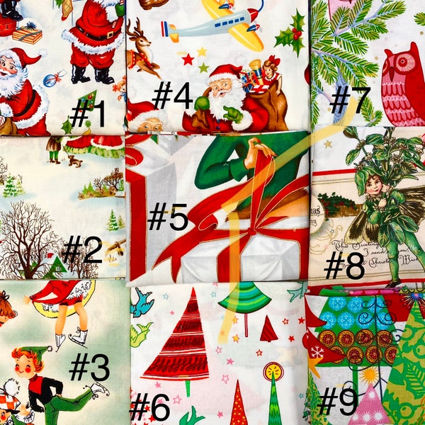 Vintage Christmas Cotton Fabric, FQ Fat Quarters, 18" x 22", Printed Cotton Quilt Fabric, Quilting Fabric, Holiday Remnants, Out of Print