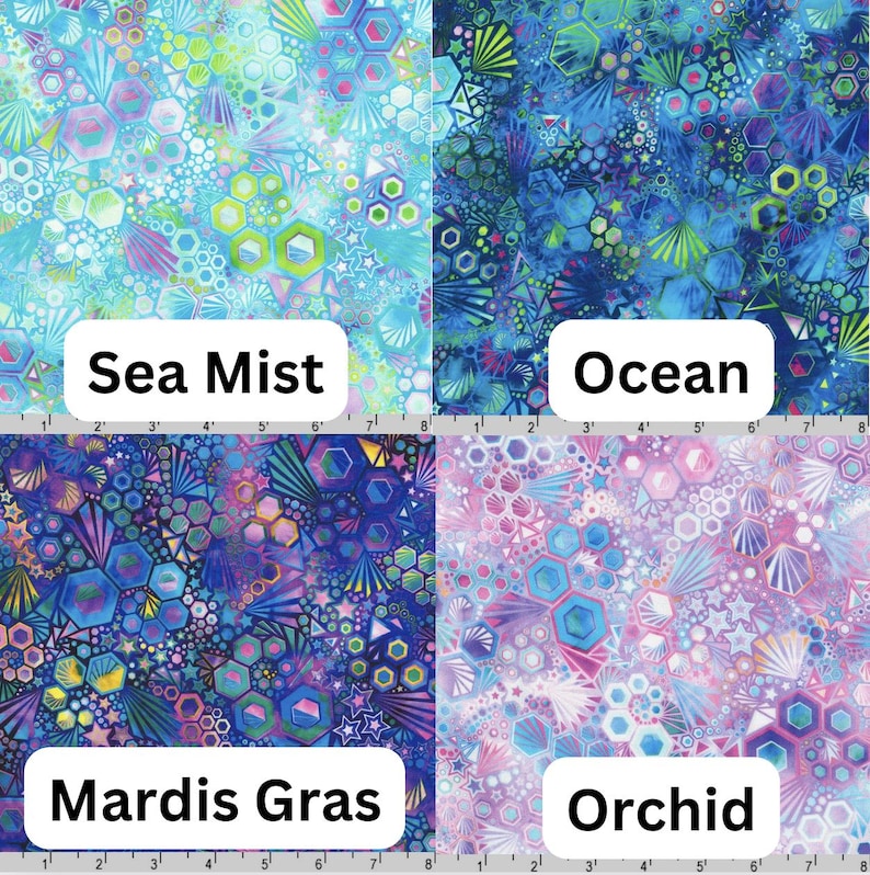 May include: Four fabric swatches with geometric patterns in shades of blue, green, purple, and pink. The swatches are labeled "Sea Mist", "Ocean", "Mardis Gras", and "Orchid".