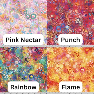 May include: Four fabric swatches with geometric patterns in shades of pink, red, orange, and yellow. The swatches are labeled "Pink Nectar", "Punch", "Rainbow", and "Flame".
