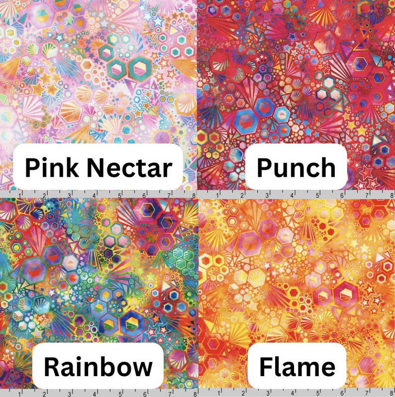 May include: Four fabric swatches with geometric patterns in shades of pink, red, orange, and yellow. The swatches are labeled "Pink Nectar", "Punch", "Rainbow", and "Flame".