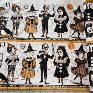 May include: White fabric printed with vintage Halloween illustrations. The design features figures in costumes, including a skeleton, witch, and clown, along with the text "Halloween Night" and "Costume Maker's Ball". The fabric has a repeating pattern.