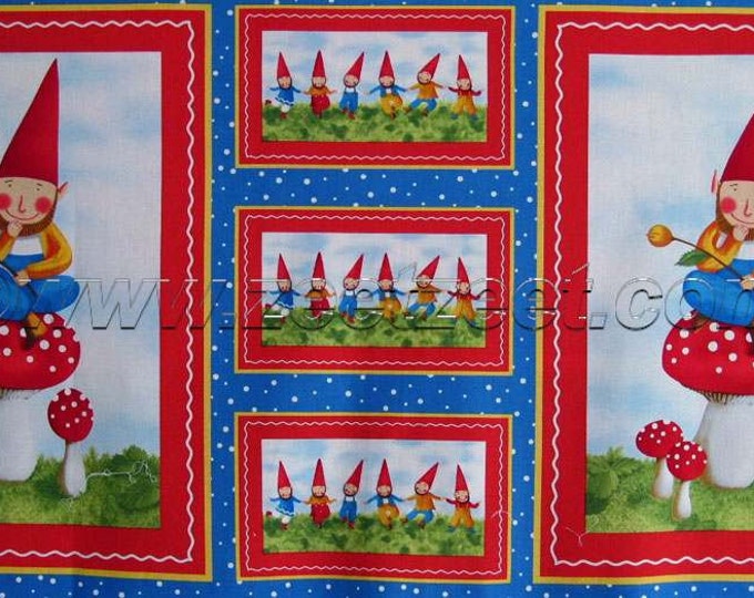 GNOME PANEL Wee Folks Quilt Fabric Panel - Primary Red Blue Wee Folks Gnome Fabric