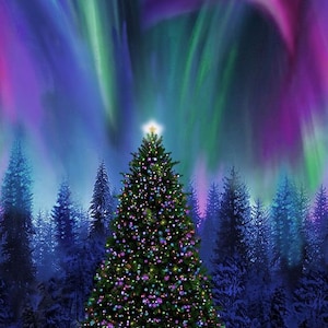 May include: A decorated Christmas tree stands tall in a snowy forest under a vibrant aurora borealis display. The sky is a mix of purple, green, and blue, with the aurora creating a dramatic backdrop for the festive scene.