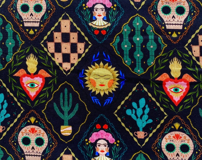 VIVA La VIDA - STELLA-DFG2529  Midnight - Viva La Vida Frida Fabric by the Yard - 100% Cottonl- Dear Stella - Frida Kahlo Black Quilt Fabric