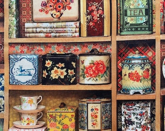 VINTAGE TEA Tins Fabric - Robert Kaufman AHJD-22026-199 Antique - Cotton Quilting Fabric by the Yard or Select Length - Antique Metal Tins