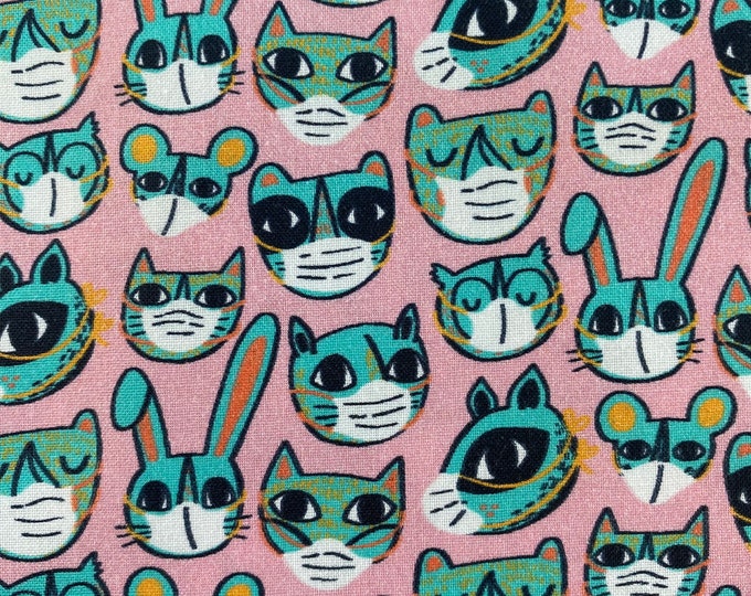 CATS with MASKS PINK Green Fabric - 100% Cotton Fabric by the Yard or Select Length - Small Scale Design