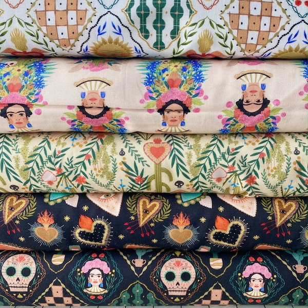 VIVA La VIDA Frida Kahlo Fabric by the Yard - 100% Cotton - Cacti Floral - Dear Stella - Quilting Quilt Fabric Flaming Hearts Frida Bust