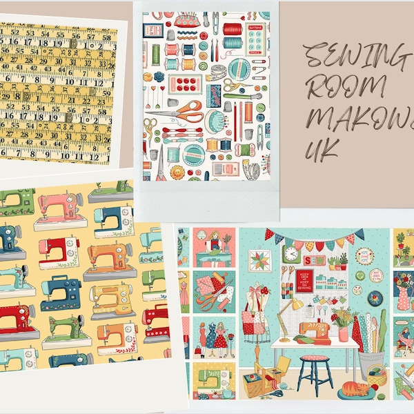 SEWING ROOM Fabric - Makower UK - 100% Cotton Quilt Fabric - Sewing Machines Craft Room