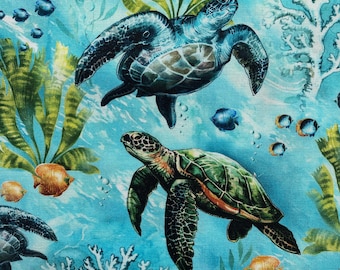 SEA TURTLE Aqua Fabric - Timeless Treasures - Cotton Quilt Fabric by the Yard or Select Length - SEA-CD3133 Aqua Ocean Life sea water