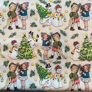 Retro VINTAGE CHRISTMAS Trees SNOWMEN Kids Decorating on Cream Holiday Fabric - 100% Cotton Quilt Fabric - Select Yard or Cut - Vintage Look