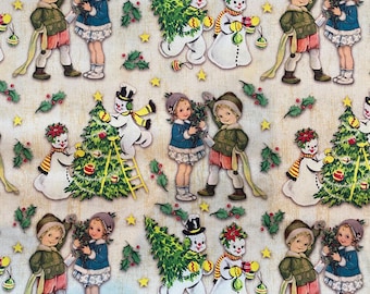 Retro VINTAGE CHRISTMAS Trees SNOWMEN Kids Decorating on Cream Holiday Fabric - 100% Cotton Quilt Fabric - Select Yard or Cut - Vintage Look