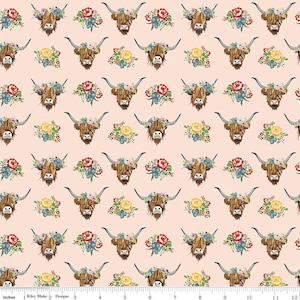 May include: A repeating pattern featuring Highland cow faces adorned with floral crowns and bouquets, set against a pale pink backdrop. The cows have brown fur and long horns. The flowers are red, yellow, and blue.