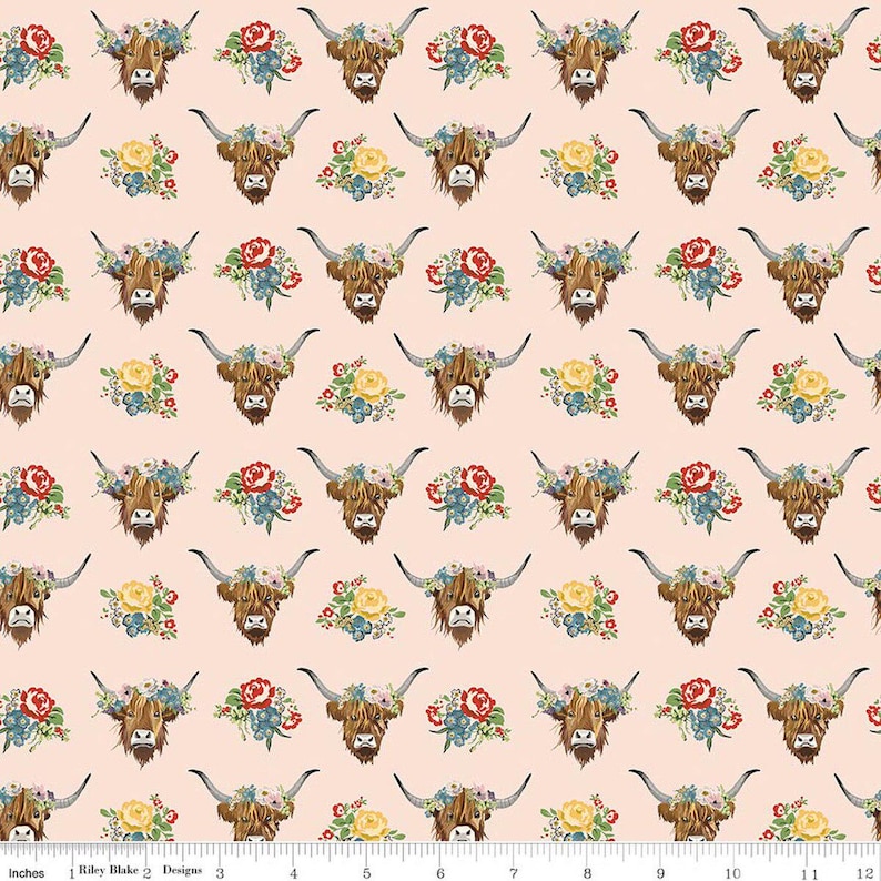 May include: A repeating pattern featuring Highland cow faces adorned with floral crowns and bouquets, set against a pale pink backdrop. The cows have brown fur and long horns. The flowers are red, yellow, and blue.
