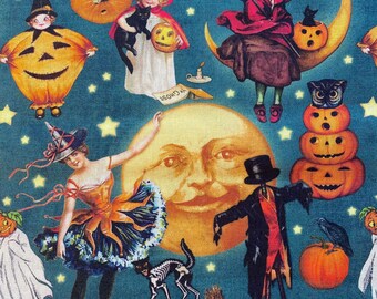 Rare TREATS 'N SWEETS Halloween Fabric - Teal Blue - 100% Cotton Fabric by the Yard or Select Length