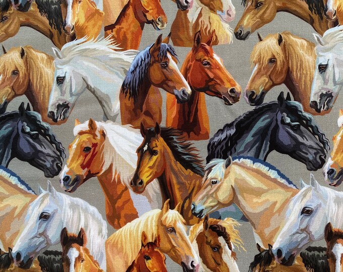 Western Wild HORSE HEADS Fabric - 100% Cotton Quilt Fabric by the Yard or Select Length Horses Taupe