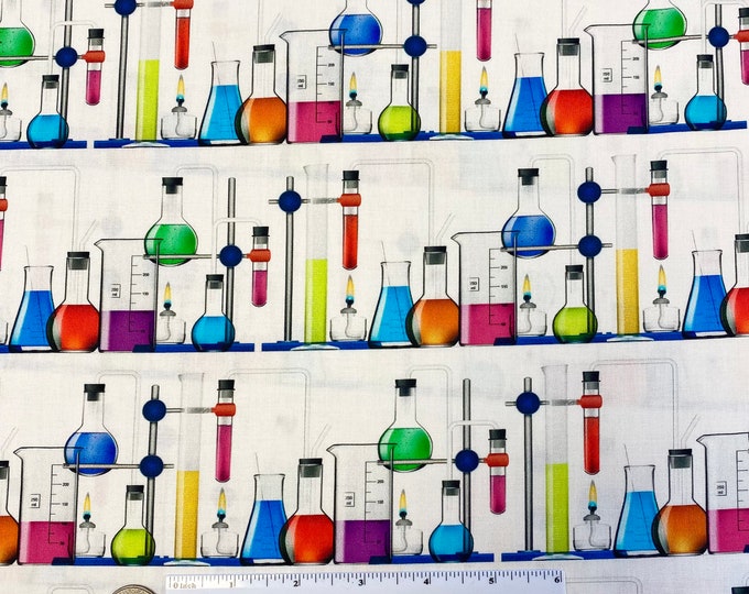 SCIENCE Fair 3 BRIGHT IDEA Fabric - Robert Kaufman Fabric - Scientific Chemistry Lab Beakers Pharmacy Fabric - Fabric by the Yard or Cut