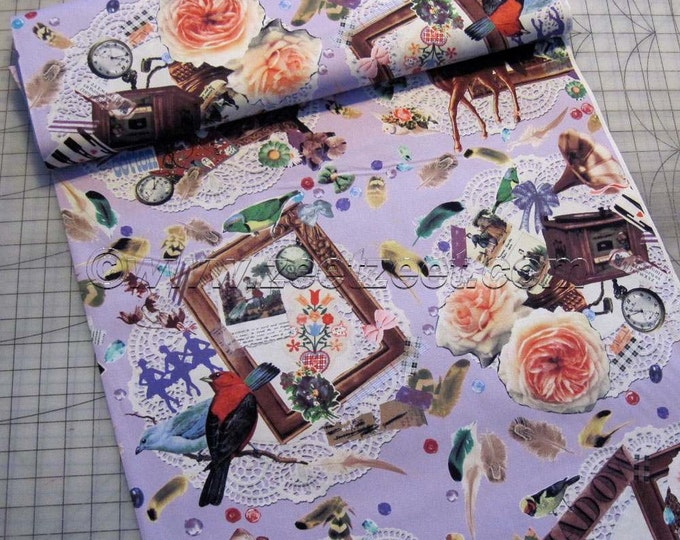 HORSE Fabric COLLAGE, PURPLE Western Equestrian Cotton Kokka Japanese Fabric - Light Canvas