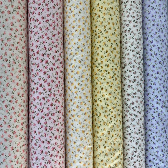 Sevenberry PETITE FLEURS Fabric by the Yard or cut, Mini FLORAL, 100% Cotton Fabric, Pink Yellow