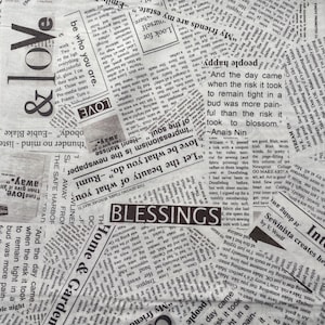 May include: A black and white collage of newspaper clippings with the text "Let the beauty of what you do" and "Impressionism is the newspaper of the soul" visible. The words "Blessings" are printed in bold, black letters.