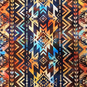 Puede incluir: Un patrón sin costuras con un diseño geométrico en tonos de azul, naranja, marrón y blanco. El patrón recuerda al arte nativo americano.