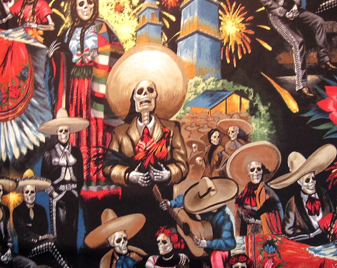 FIESTA De SAN MARCOS Black Quilt Fabric by the Yard or cut Alexander Henry Day of the Dead Skeletons Cotton Quilting Fabric Midnight 7472Ar