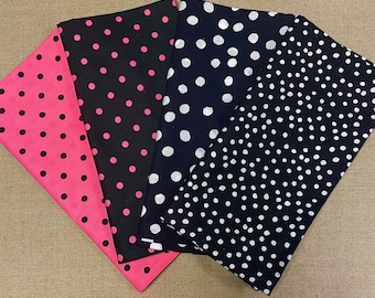 Set of 6 CLOTH NAPKINS, 100% Cotton, Washable, Handmade Napkins, Black & White Pink Black Polka Dots