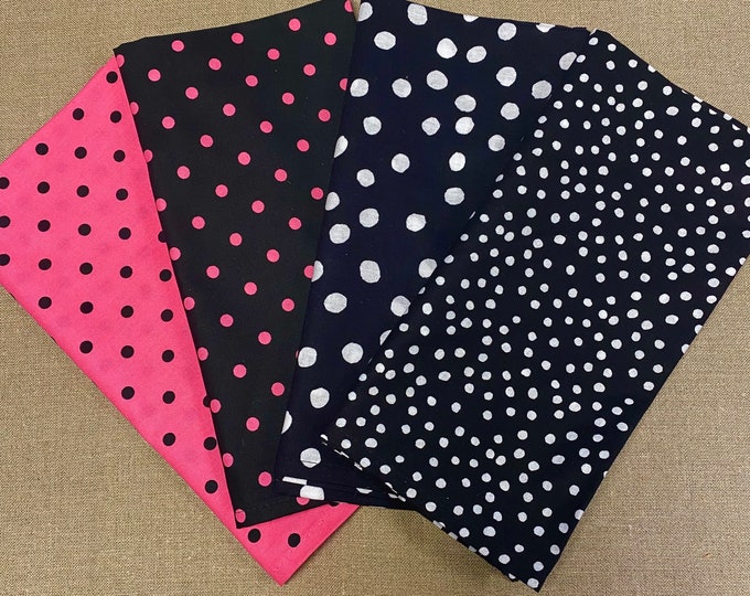 Set of 6 CLOTH NAPKINS, 100% Cotton, Washable, Handmade Napkins, Black & White Pink Black Polka Dots