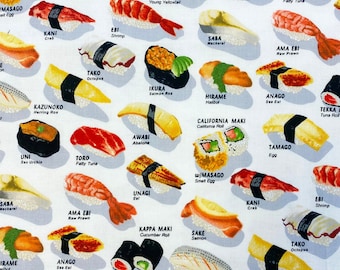 SUSHI Sashimi Cotton Quilt Fabric, by the Yard, Robert Kaufman, Chopsticks Please, Japanese food Fabric