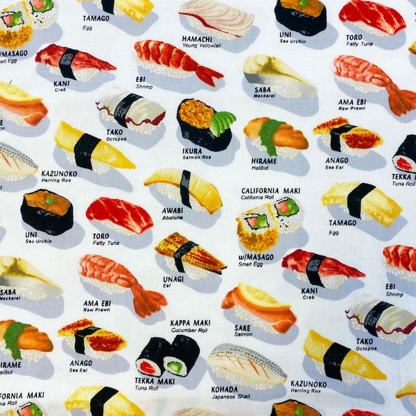 SUSHI Sashimi Cotton Quilt Fabric, by the Yard, Robert Kaufman, Chopsticks Please, Japanese food Fabric