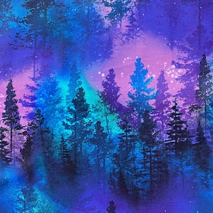 May include: A fabric design featuring a forest scene with tall evergreen trees in shades of blue, teal, and purple. The background has a gradient effect, transitioning from deep blue to a soft pink, with scattered white dots.