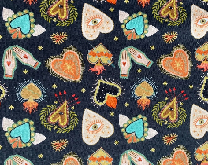 FLAMING HEARTS - STELLA-DFG2534  Midnight - Viva La Vida Frida Fabric by the Yard - 100% Cottonl Dear Stella  Frida Kahlo Black Quilt Fabric