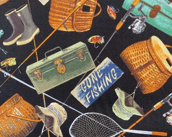 FISHING GEAR Schwarzer Stoff - Timeless Treasures - 100% Baumwolle Meterware oder Wählen Sie die Länge NATURE-CD6403 - Gone Angeln Camping Stoff