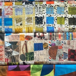 May include: A collection of colorful fabric swatches with abstract patterns. The designs include circles, squares, and geometric shapes in various colors like blue, red, yellow, and green. Some fabrics have a collage-like appearance.