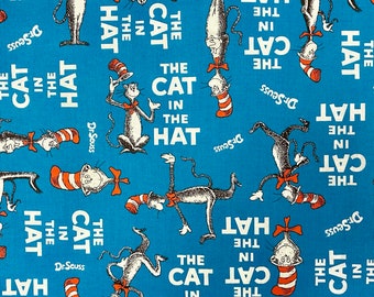 Dr. Seuss Fabric - Turq Blue - The CAT In The HAT - Celebration Quilt Fabric -  Robert Kaufman Fabrics
