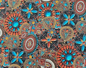 Southwestern AMERICAN HERITAGE - Robert Kaufman 100% Cotton Fabric by the Yard or Select Length - ETJ-6389-143 Coral Turquoise