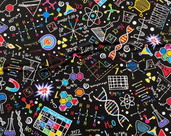 Bright SCIENCE DOODLES in Black - Timeless Treasures Quilt Fabric by the Yard or Cut Stem Math