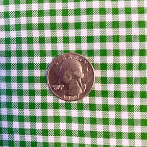 May include: A US quarter coin with a green and white gingham background. The coin is dated 1977 and features the profile of George Washington.
