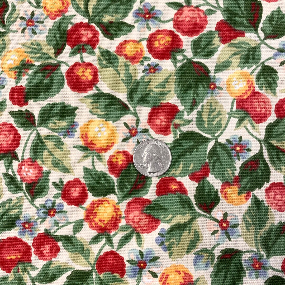 RASPBERRY Fabric, English Cottage Garden Fabric, Red Pink Green