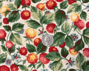 RASPBERRY Fabric, English Cottage Garden Fabric, Red Pink Green, Cottage Chic, Drapery Weight Fabric by the Yard or cut Home Dec Weight