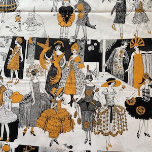 May include: A white fabric featuring a repeating pattern of stylized figures in Art Deco-inspired costumes. The illustrations are in black and shades of orange, depicting various dresses, hats, and accessories. The overall theme is vintage fashion.