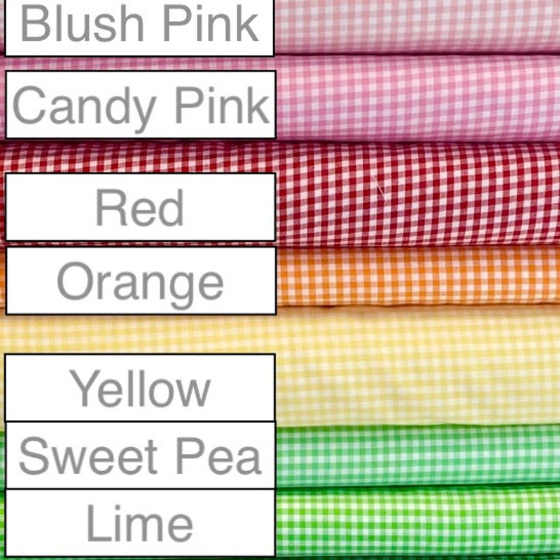 May include: A collection of seven fabric swatches in various shades of pink, red, orange, yellow, green, and lime. Each swatch features a gingham pattern with white squares.