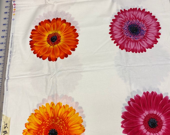 Pink Orange DAISY FLORAL Fabric White - LAKEHOUSE Fabric - 100% Cotton Quilting Quilt Fabric