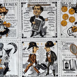 Puede incluir: Un panel de tela blanca con anuncios de época. Los anuncios promocionan disfraces de papel crepé, aceite de hígado de bacalao y tónico, con ilustraciones de personas y productos. El texto incluye "Trajes de señora, batas, confección."