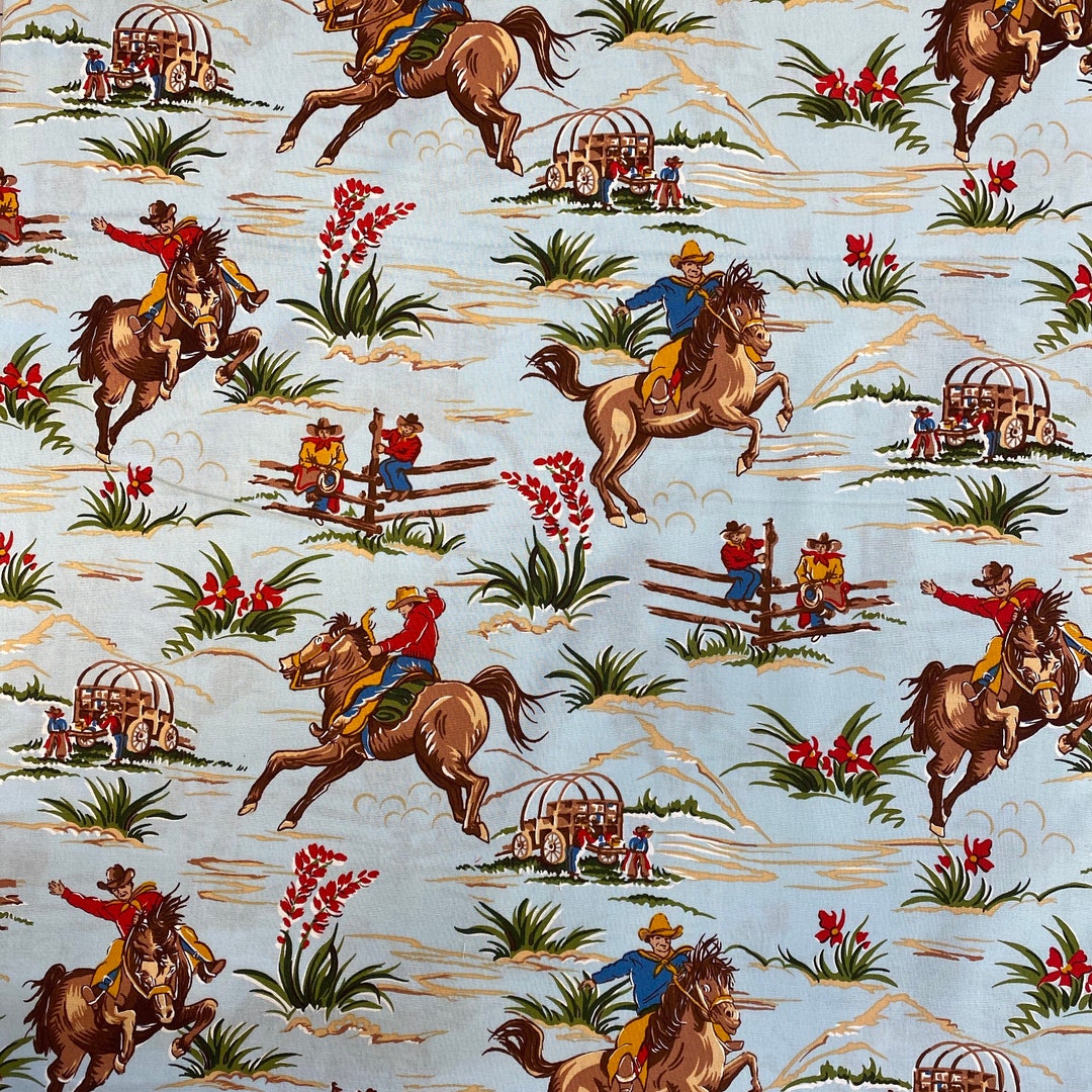 Robert Kaufman Fabrics Designer Green Cowboy on Horse Cotton Print Fabric  D#7507