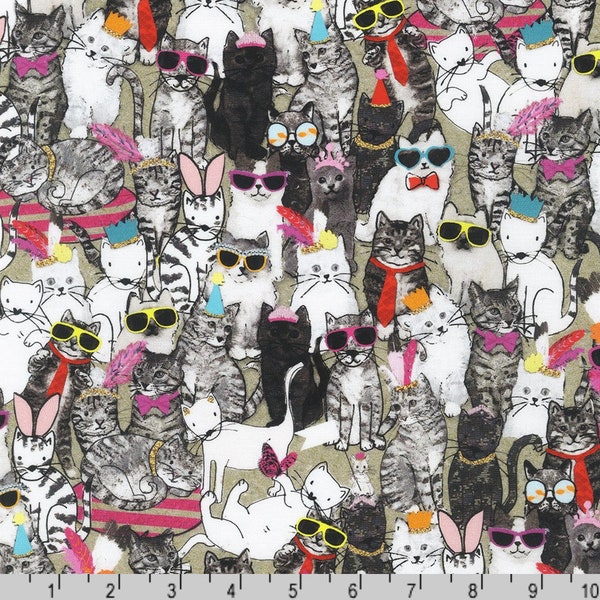 FANCY PANTS Cat Kitties Fabric - Robert Kaufman AWUD-22083-14 Natural  By Yard or select length - Quilting Quilt Fabric World Art Group Cats