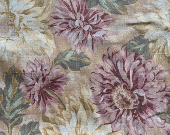 CHRYSANTHEMUM FLORAL Fabric by the Yard, Printed Linen FLOWERS Rose Pink Yellow Natural