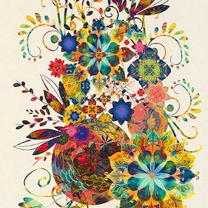 May include: A colourful floral illustration depicting a collection of stylised flowers in shades of blue, yellow, red, and green. The design includes intricate details and swirling patterns, set against a cream background.