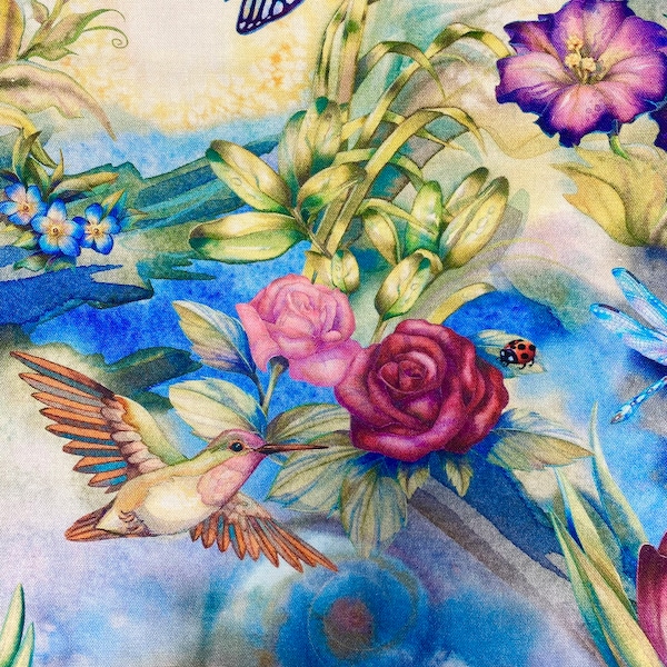 Robert Kaufman MORNINGMOON FAIRIES Fabric, Hummingbird, Butterfly, Floral Cotton Quilt Fabric GARDEN