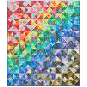 May include: A colorful quilt with a geometric pattern of triangles. The quilt is made up of different shades of red, orange, yellow, green, blue, purple, and gray. The triangles are arranged in a diagonal pattern, creating a sense of movement and depth.